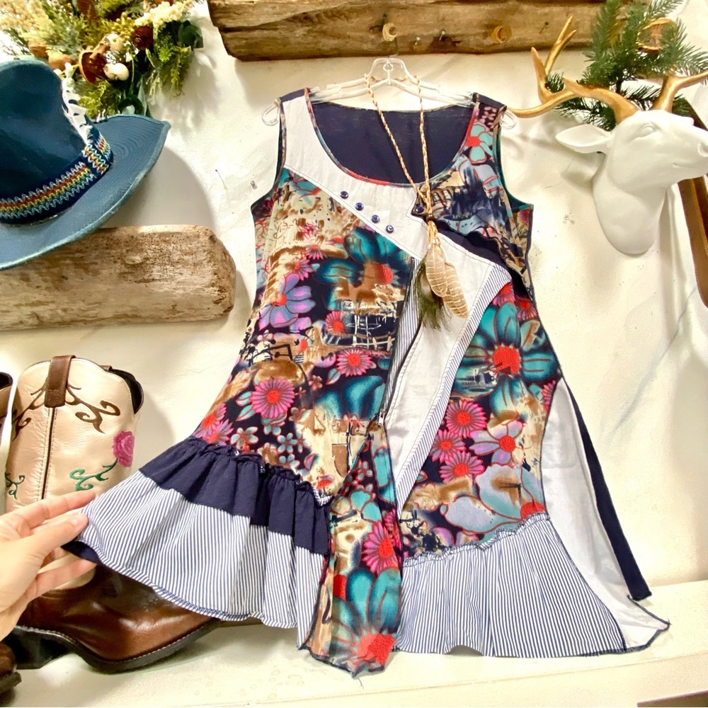 Artisan patchwork tunic/mini dress w farmhouse peasant prairie vibe
